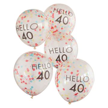 Hello 40 flerfärgade konfetti födelsedagsballonger 5x