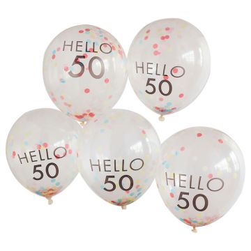 Hello 50 flerfärgade konfetti födelsedagsballonger 5x 