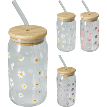 Dricksglas med bambulock och sugrör 500ml assort.