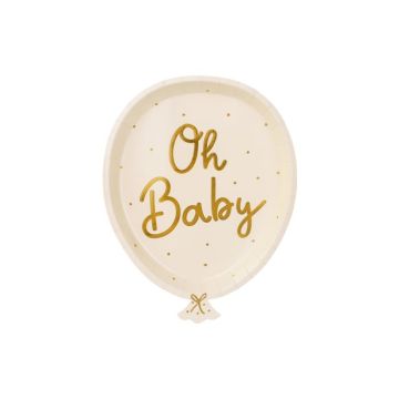 Ballongformade vita papptallrikar med guldprickar och guldtext 6x - 22x17,5 cm