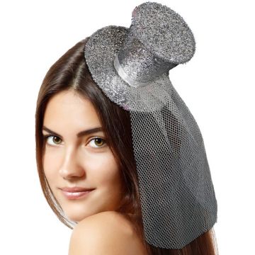 Silver mini glittrande topphatt med slöja