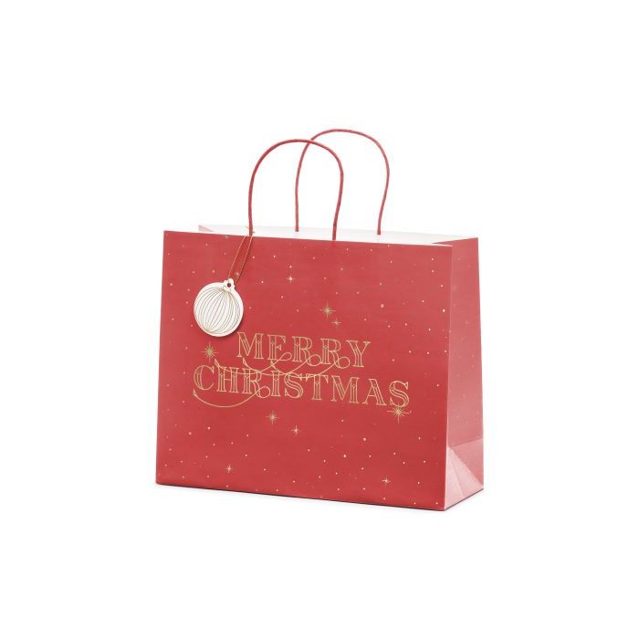 Röd julklappspåse med guldskrift - 32,5x26,5x11,5 cm