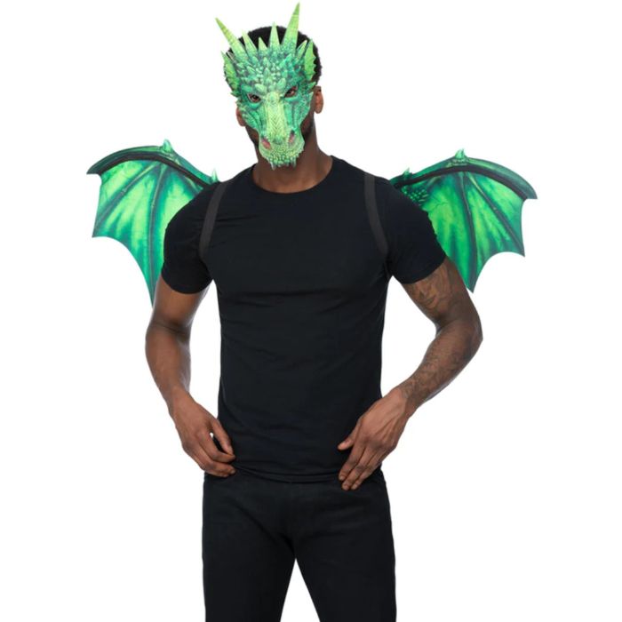 Grönt drakeset inkl. vingar och mask one-size