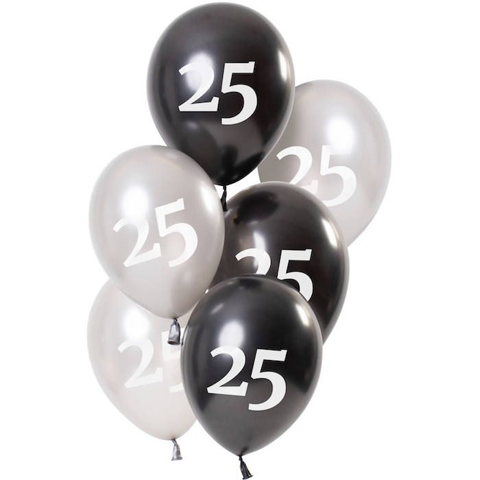 25-års ballonger metallic svart och silver 6x - 23 cm