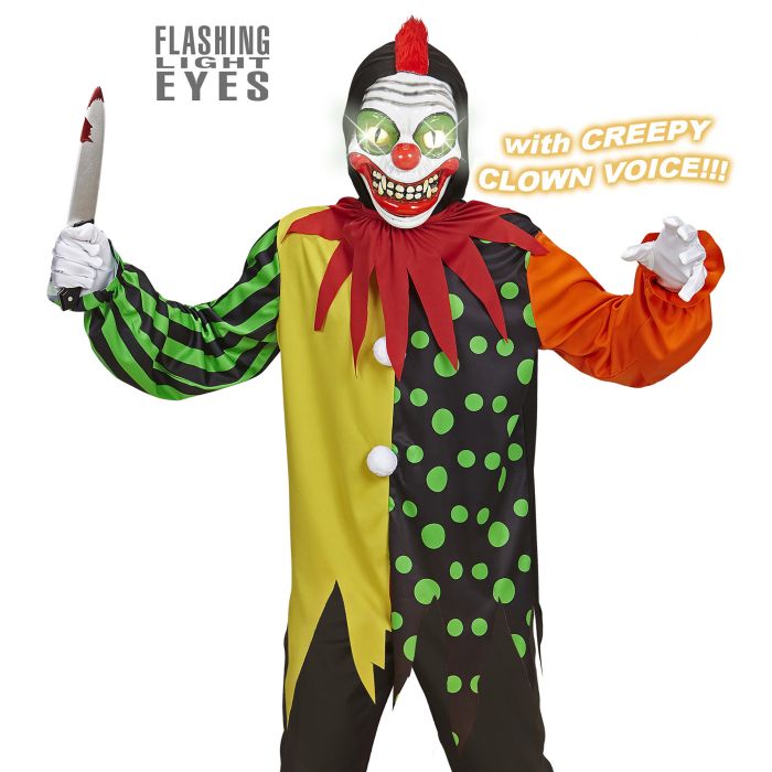 Skrämmande clownkostym med lysande mask