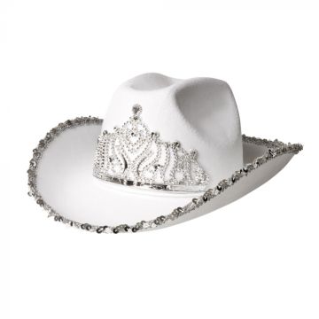 Vit glittrig cowboyhatt med glittrande tiara 
